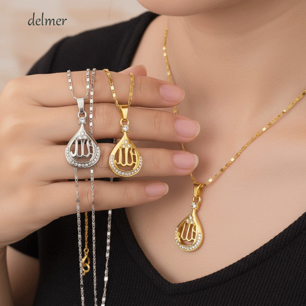 Vòng cổ mặt dây chuyền DELMER Allah, Mặt dây chuyền hình giọt pha lê Vòng cổ Hồi giáo, Dây chuyền thép không gỉ hàng ngày Mặt dây chuyền tròn Đức tin Vòng cổ Kinh Qur 'an Eid al-Fitr