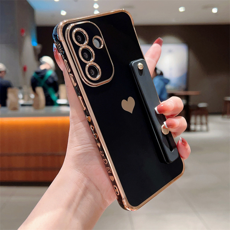 Giá đỡ dây đeo cổ tay Mạ điện cho Samsung Galaxy A57 A37 A56 A36 A27 A26 A25 A24 A17 A16 A15 A14 A55 A35 Stand Love Heart Side Phone Cover