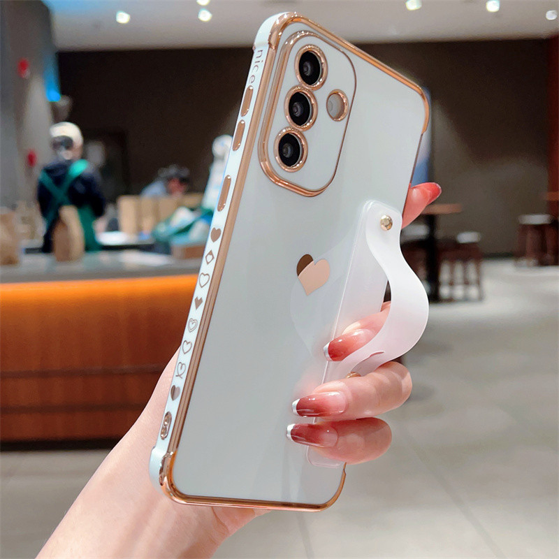 Giá đỡ dây đeo cổ tay Mạ điện cho Samsung Galaxy A57 A37 A56 A36 A27 A26 A25 A24 A17 A16 A15 A14 A55 A35 Stand Love Heart Side Phone Cover