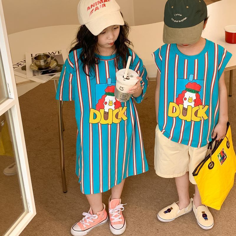 Bộ đồ Brother Sister Áo thun ngắn tay sọc mùa hè 90-140 Size K2VR