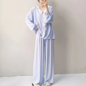 Cotton Lụa Bộ Đồ Ngủ Nữ Mùa Xuân Phong Cách Ngọt Ngào Chấm Bi Ren Loungewear Dài Tay Cô Gái Ngọt Ngào Nhân Tạo Cotton Phù Hợp Với Mỏng
