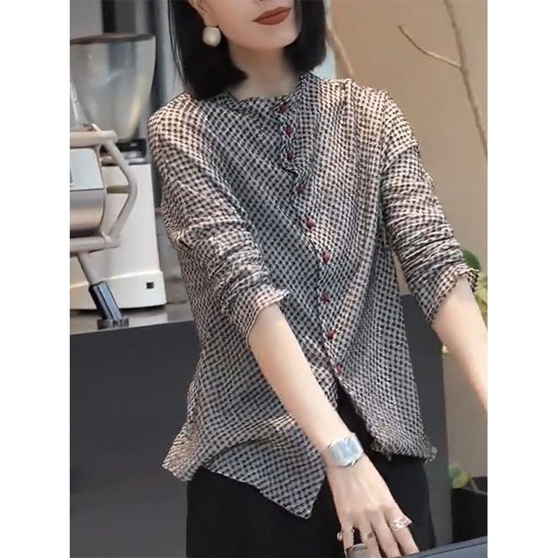[Giảm giá 50%] Áo sơ mi houndstooth cổ đứng dành cho nữ - Tay dài, dáng ôm, phù hợp thu đông