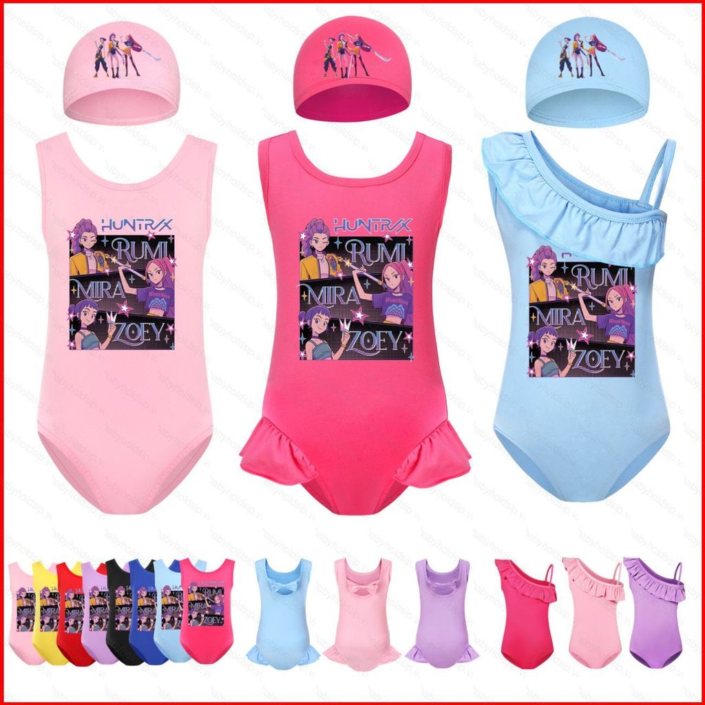 BS1 KPop Demon Hunters Girls Bộ áo tắm và mũ in hoạt hình Kết cấu tuyệt vời đáng yêu SB1