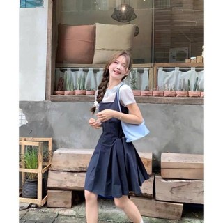 Set Áo Giấy Trắng Mix Yếm Kaki Xanh Than Túi Bên Rút Dây Dáng Xoè Siêu Xinh, Set Áo Yếm Tiểu Thư