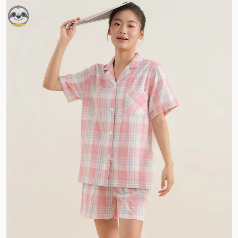 Phong cách Nhật Bản Muji Style / Cặp đôi kẻ sọc Cotton nguyên chất Quần short ngắn tay Loungewear / Nam Nữ Mùa hè mát mẻ Loungewear / Bộ đồ ngắn tay thoáng khí thoải mái