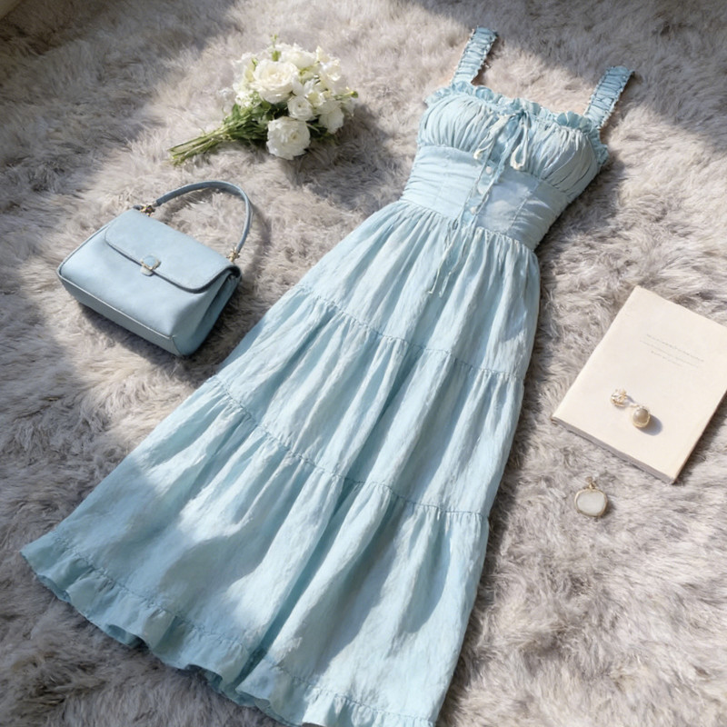 Bạc Hà Sữa Xanh Sling Dress Mùa Hè, Phong Cách Pháp Nhẹ Nhàng với eo nẹp và dáng chữ A dài
