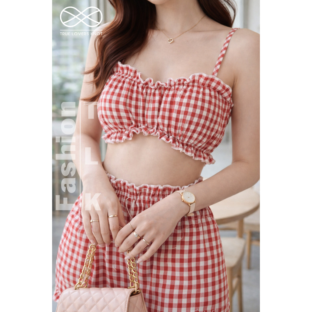 Set Đồ Ngắn Mùa Hè Nữ Áo Bra và Quần Short Kẻ Caro Đỏ S
