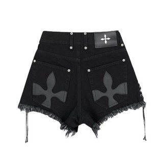 Quần short denim dây rút tua rua nữ Cạp cao 2026 Mùa hè Phong cách tối màu Size lớn