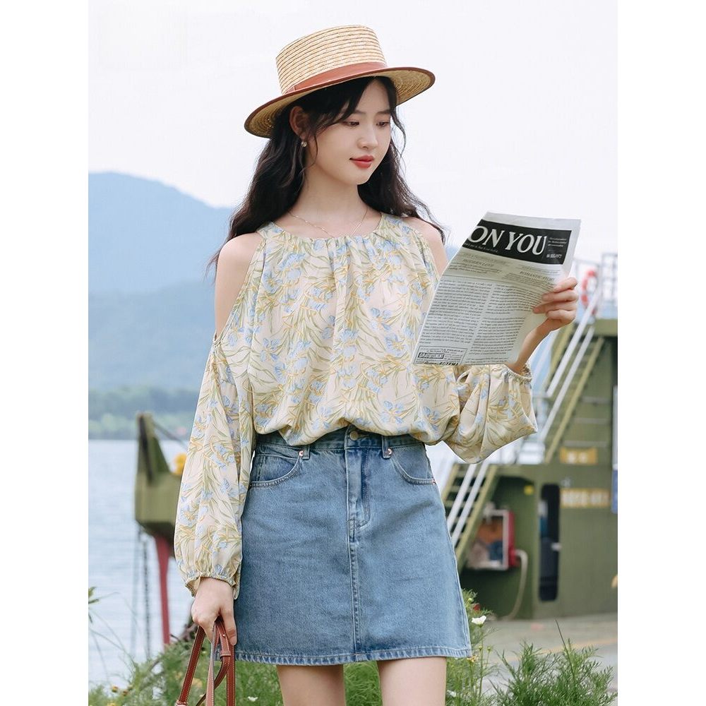 Mutu Pháp Áo Sơ Mi Off-Shoulder Voan Phù Hợp Mùa Hè