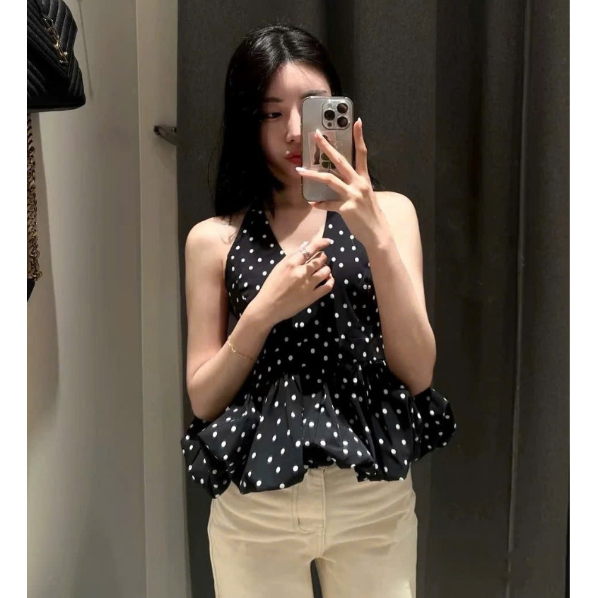 (KHÔNG KÈM MÚT) Áo yếm linen CHẤM BI dáng bí hở lưng chun sau DOTTIE TOP