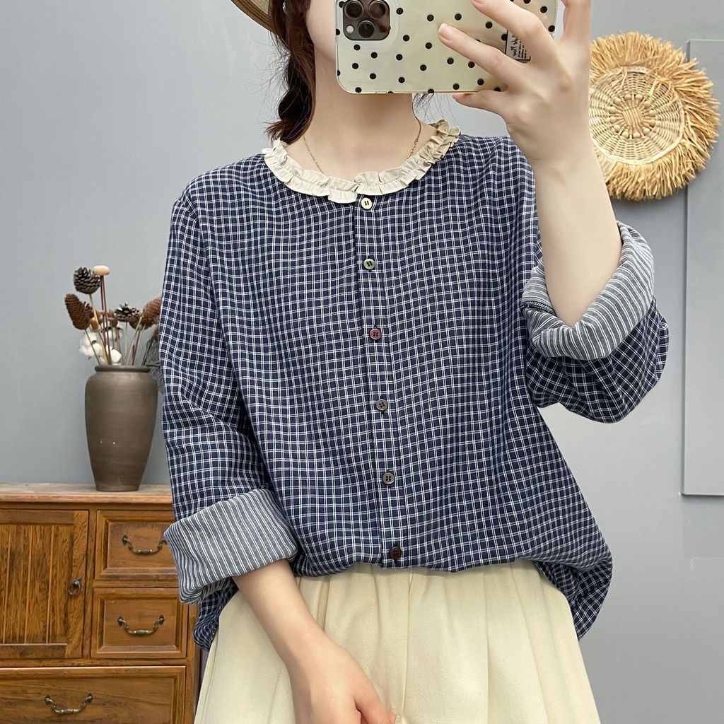 Sẵn sàng - Áo sơ mi nữ 100% cotton chất lượng cao, cổ ren kẻ sọc nhỏ, thoáng mát cho mùa xuân