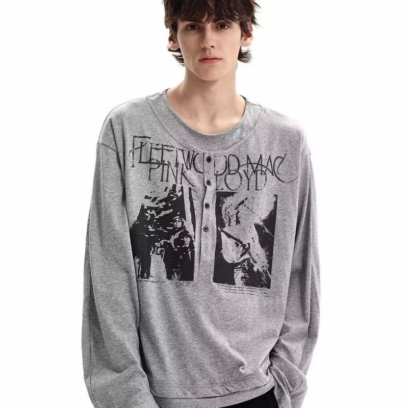 Áo thun dài tay Henley in họa tiết cổ điển kiểu Mỹ