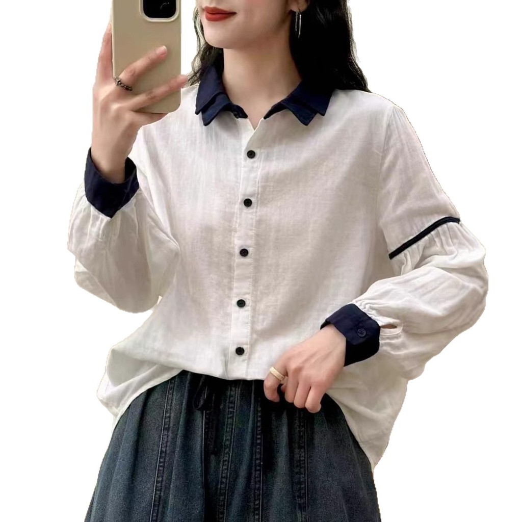 [Sẵn sàng] Áo sơ mi nữ 100% Cotton chất lượng cao Màu sắc phù hợp với áo sơ mi dài tay một ngực mùa xuân mới Skinny Top