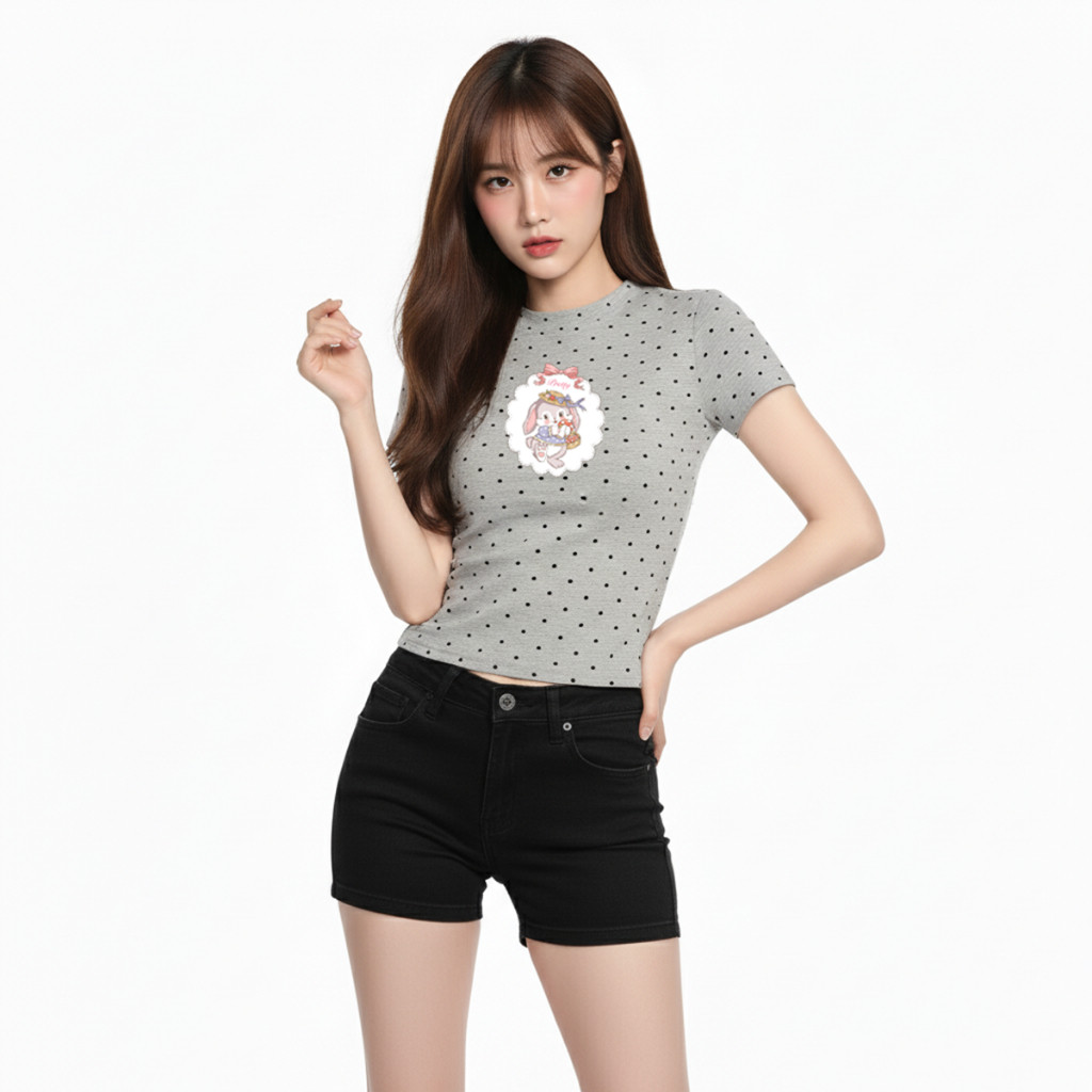 Áo Thun Baby Tee Dáng Ôm Chấm Bi  In Hình Thỏ Dễ Thương A5208844