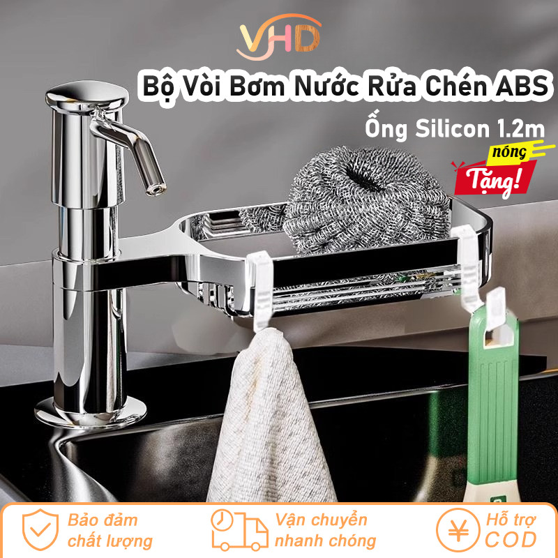 Bộ Vòi Bơm Nước Rửa Chén Bằng Nhựa ABS Cao Cấp - Kèm Kệ Đựng Đồ, Tự Động Hút Dầu, Ống Dẫn Silicon Dài 1.2m