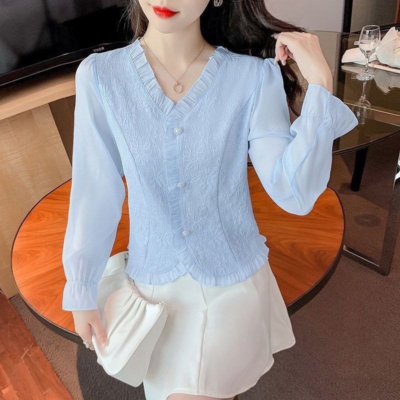 Áo sơ mi nữ tay dài, kiểu Pháp mới xuân hè với cổ áo jacquard, thiết kế thời trang, áo tay chuông bằng vải voan