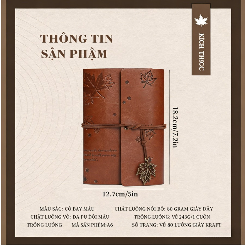 Sổ Tay Vintage Lá Phong Cao Cấp - 80 Trang Ruột + 5 Túi Đựng Tiền, Bìa Simili Da Bò, Ruột Rời Tiện Lợi