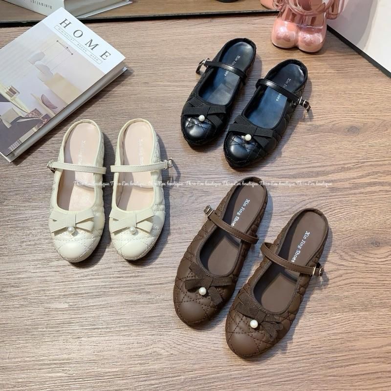 [Thảo Em - SB1322] Sục bệt mũi tròn đế bệt da lì mềm, quai ngang phối nơ ngọc tiểu thư