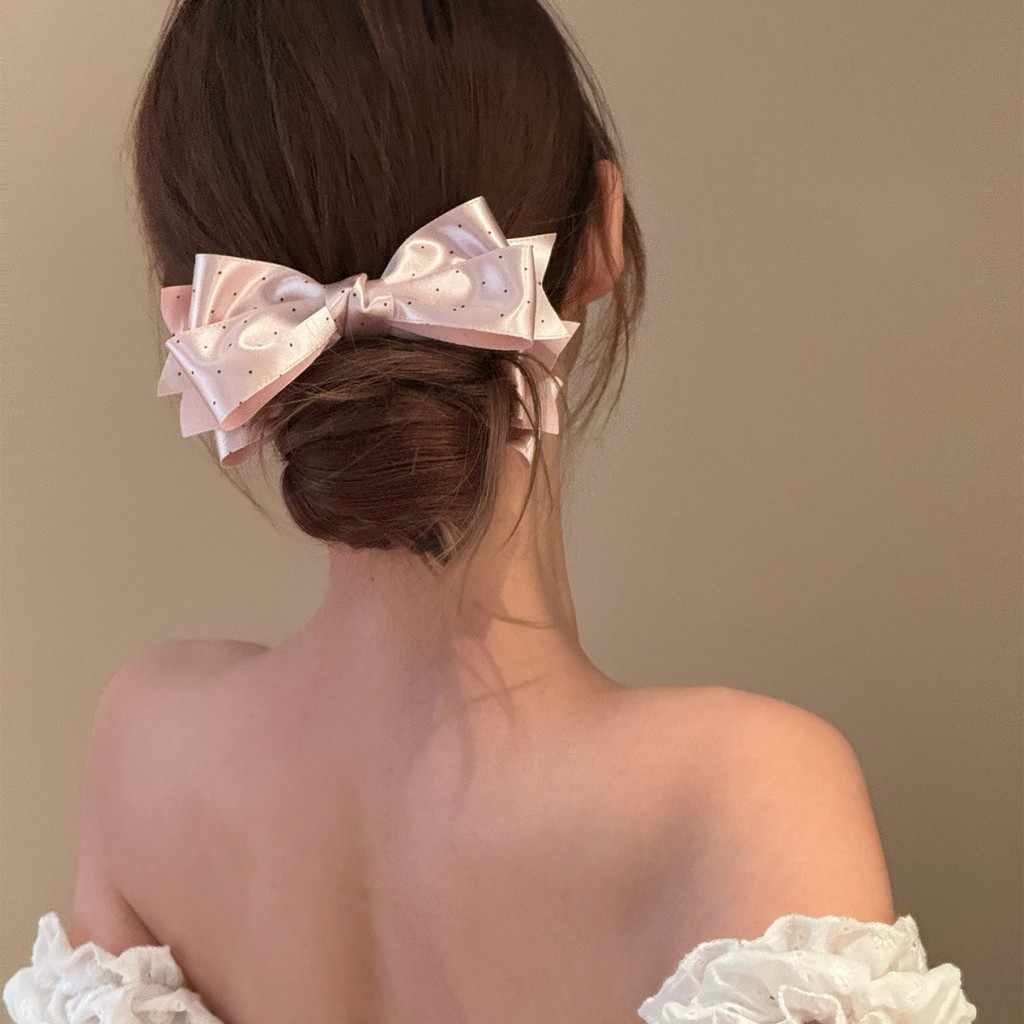 Satin Chấm Bi Thanh Lịch Nơ Chuối Kẹp Đuôi Ngựa Cao Cấp Kẹp