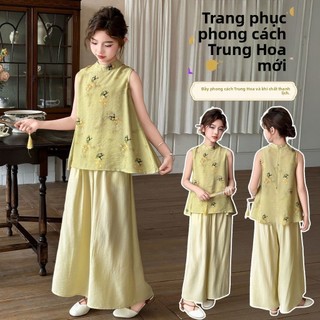 Bộ đồ cho bé gái dáng rộng thanh lịch - áo sát nách thêu hoa quần ống rộng mềm nhẹ phong cách cổ điển
