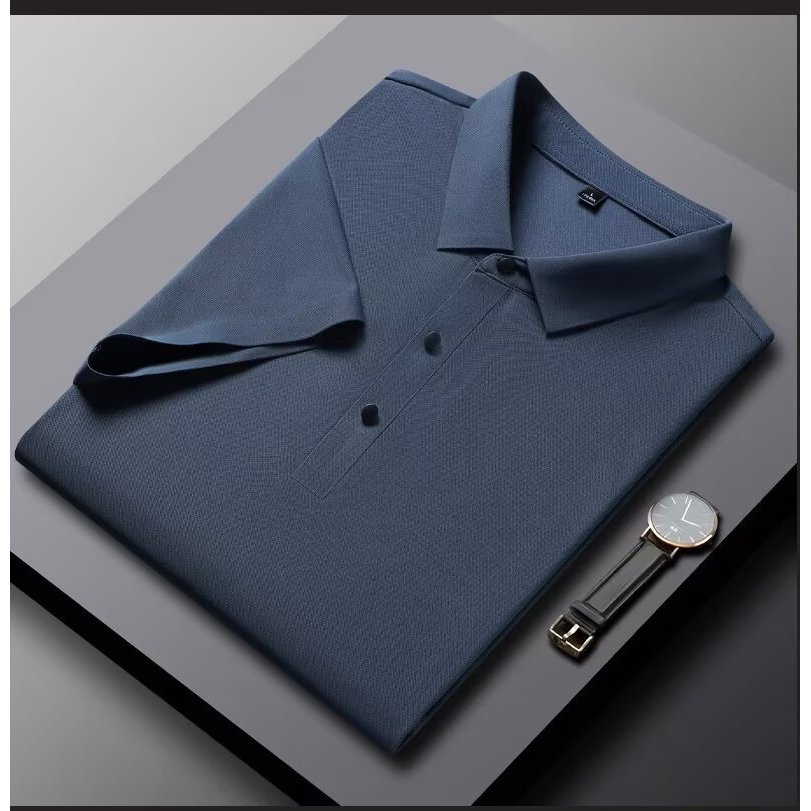 Áo sơ mi polo tay ngắn bằng lụa băng dành cho nam, mẫu mới, phù hợp làm việc văn phòng và thời trang đường phố.