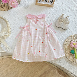 [8-26kg]  Váy Đầm Hè Thô Cotton Sát Nách Cổ Sen Nơ 2 Bên Cho Bé Gái Đi Học Đi Chơi Xanh- Hồng