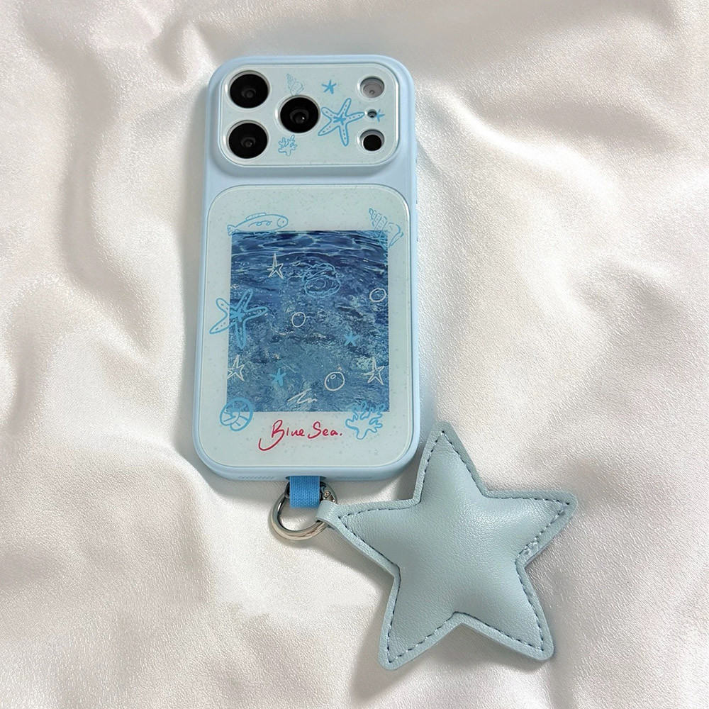 Ốp điện thoại Acrylic 2 trong 1 Blue Ocean Lines + Dây buộc cho iPhone 17 Pro Max 16 15 14 13 Vỏ bảo vệ chống sốc