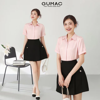 Áo sơ mi nữ trơn giấu nút GUMAC tay ngắn công sở lai lật đứng form chất liệu lụa dày dặn mềm mát LAF0339