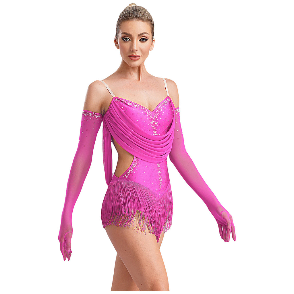 YOOJOO Nữ Ruched Lưới Drape Tua Rua Khiêu Vũ Leotard Lấp Lánh Kim Cương Giả Dây Có Thể Điều Chỉnh Cutout Viền Bodysuit Có Găng Tay