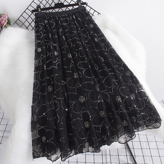 Váy lưới hoa đính sequin, váy xòe chữ A dáng dài mới cho mùa xuân/hè/thu/đông, váy dài vừa phải