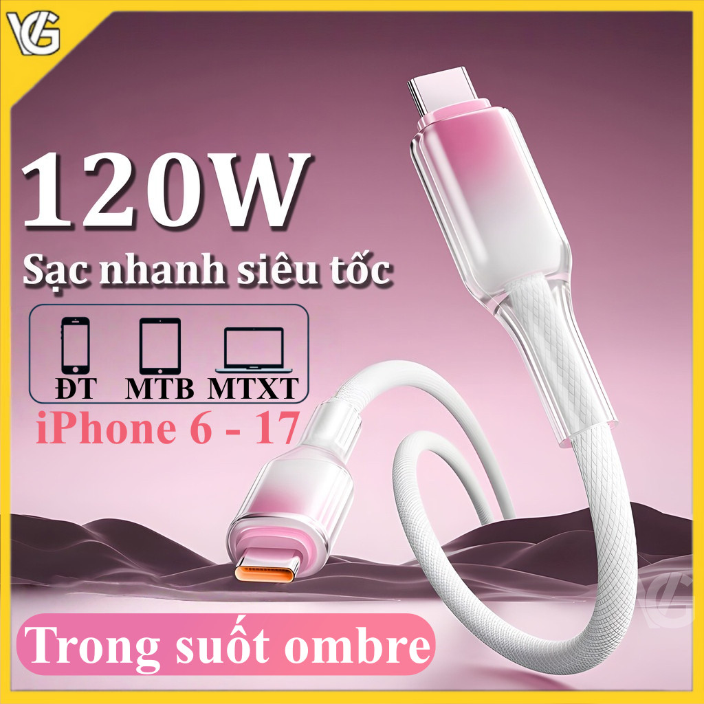 【VG】Cáp sạc nhanh 120W dây pha lê Type-C – cho iPhone 17 Air 16 15 14 13 12 11 Pro Max Plus OPPO Samsung xiaomi vivo