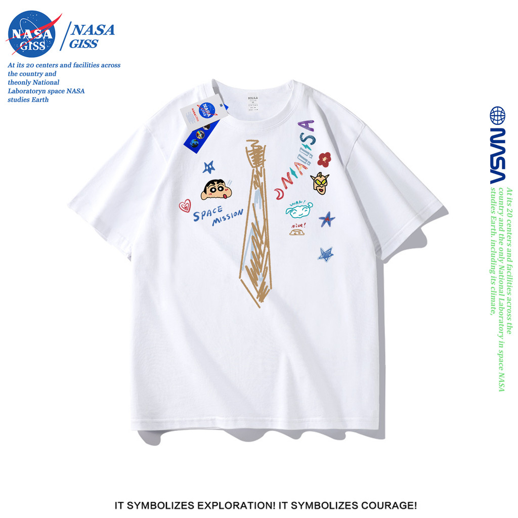NASA Áo thun nam nữ Tay Lỡ thường ngày Trend Cà vạt Crayon Shin-chan in hình form rộng Cổ tròn Cotton Mềm mại Unisex