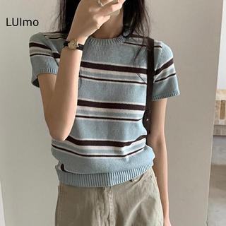 LUImo Hàn Quốc - Áo sơ mi retro sọc cổ tròn tay ngắn nữ SBS