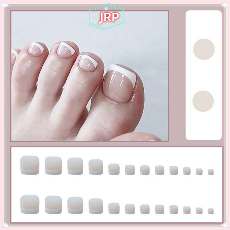 JRP 24 Chiếc Khỏa Thân Bấm Vào Ngón Chân Móng Tay Vuông Ngón Chân Giả Móng Tay Bóng Full Che Ngón Chân Giả Móng Tay Với Pháp Viền Trắng Thiết Kế Dành Cho Nữ JRP