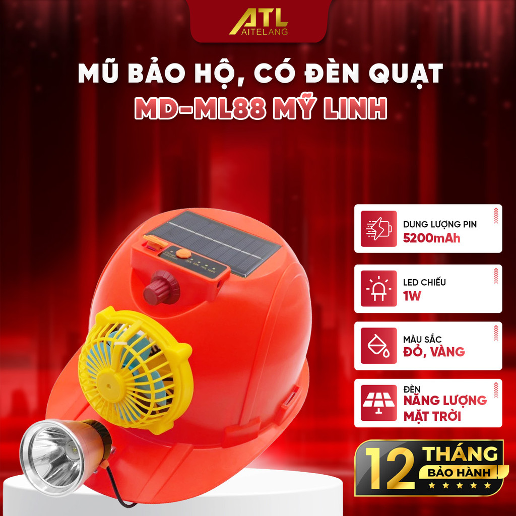 Mũ bảo hộ chuyên dụng MD-ML88 Mỹ Linh, mũ đèn có quạt, mũ đèn năng lượng mặt trời,tiện lợi tiết kiệm
