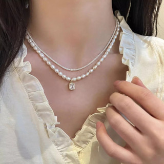 Vòng cổ ngọc trai & dây chuyền kim cương vuông, phong cách retro đơn giản dành cho phụ nữ