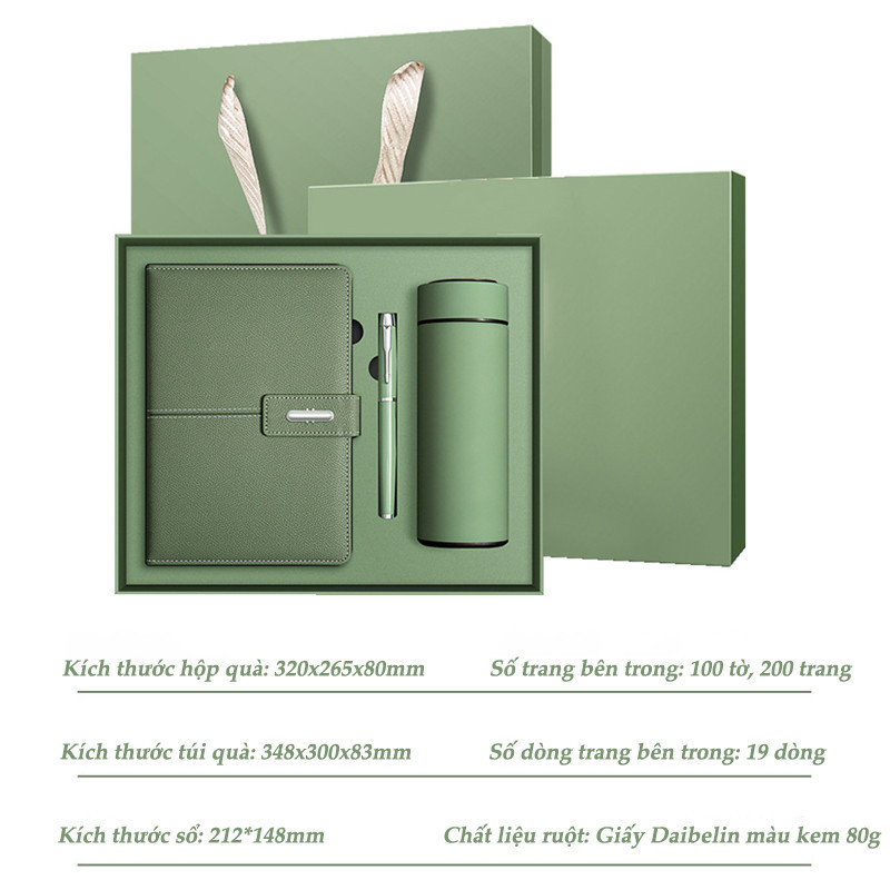 Set Quà Tặng Cao Cấp Sổ Da + Bút Ký + Bình Giữ Nhiệt Inox 304 - Hộp & Túi Sang Trọng, Quà tặng khách hàng, đối tác