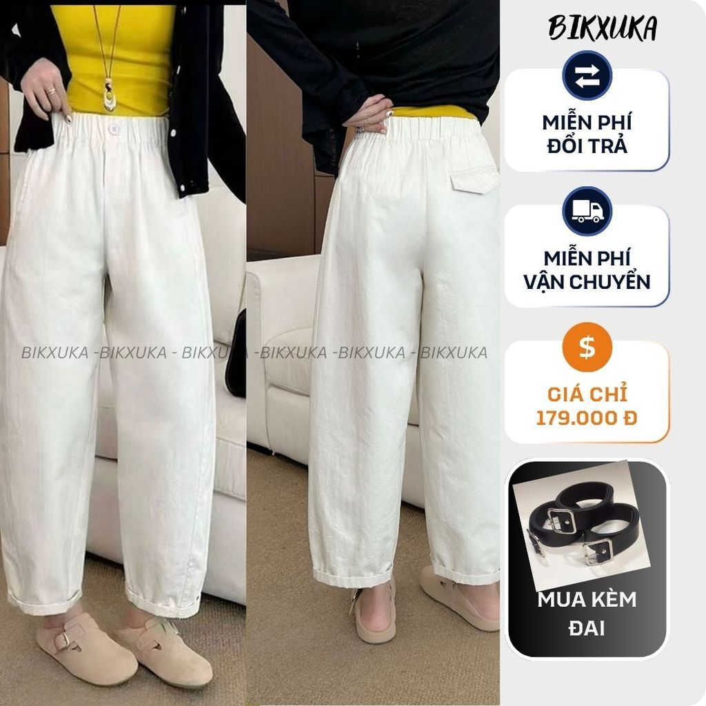 BIKXUKA - Quần baggy nữ cạp cao vải kaki nhật loại 1 co giãn nhẹ, quần baggy ống rộng form thụng dáng nấm 2 túi sườn Q17