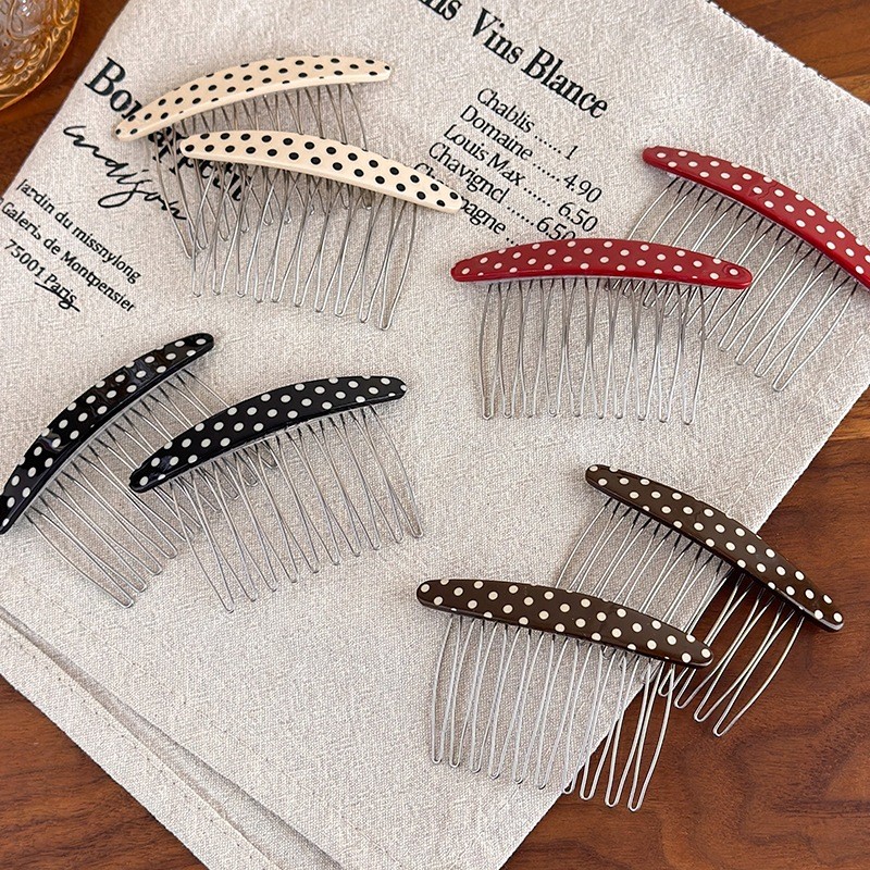 Retro Chấm Bi Acetate Cong Lược Răng Đầu Lâu Cao Cấp Kẹp Tóc