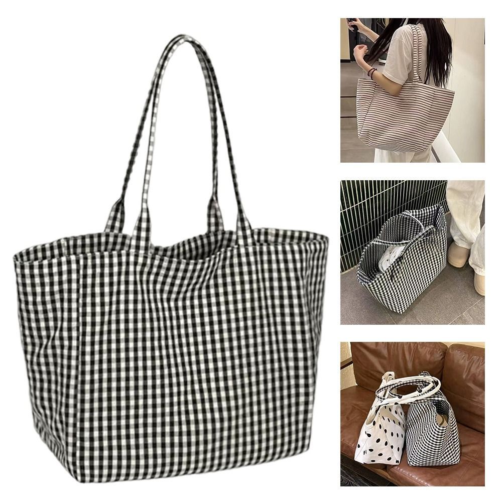Túi Tote Vải SAIA, Túi Chấm Bi In Sọc In Chấm Bi, Phong Cách Lười Kiểm Tra In Chất Liệu Vải Dung Tích Lớn Tote Công Suất Lớn Phong Cách Trẻ Trung