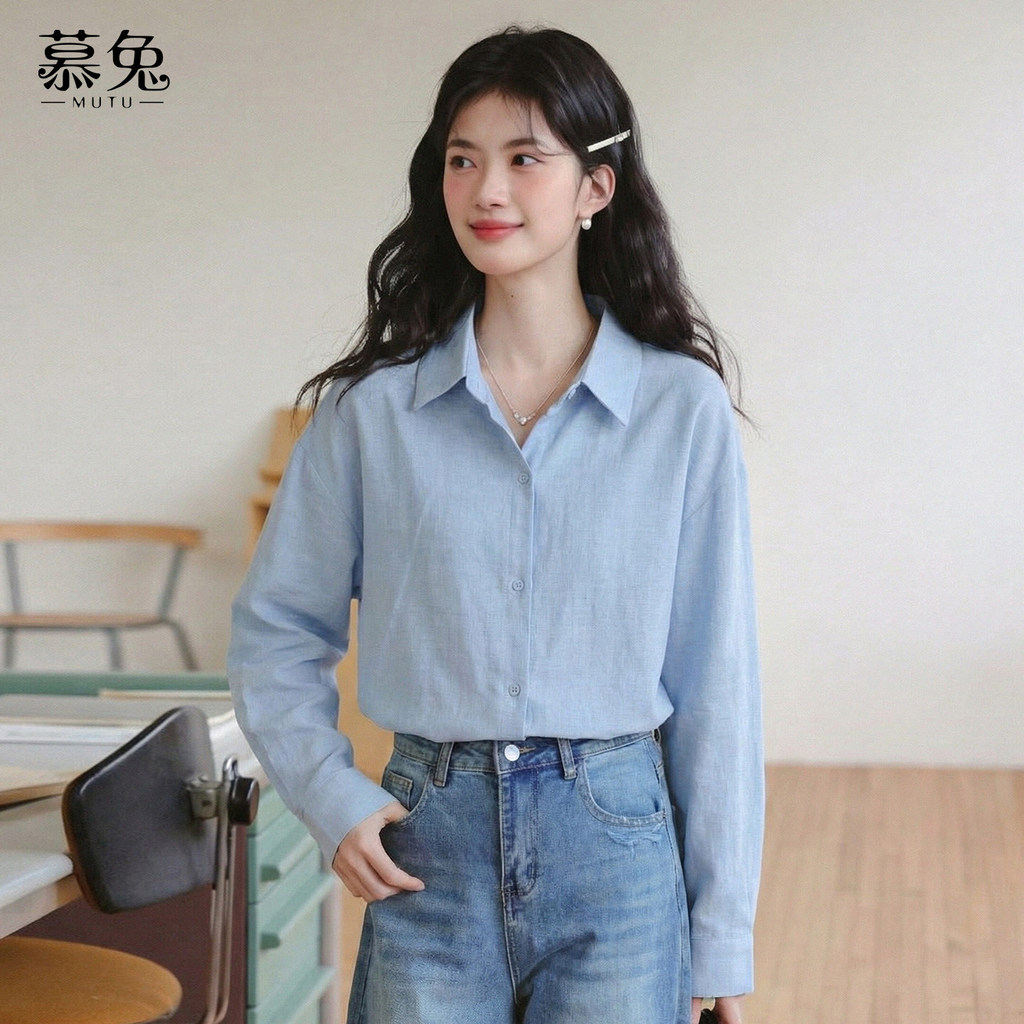 Mutu Áo Sơ Mi Lười Style Hàn Quốc, Màu Xanh, Tay Dài Thích Hợp Mùa Xuân