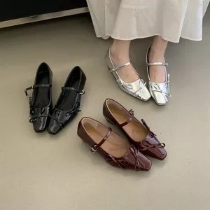 TT Mũi Vuông Mary Jane Giày Nữ Mùa Xuân 2026 Phong Cách Mới Dày Gót Nơ Giày