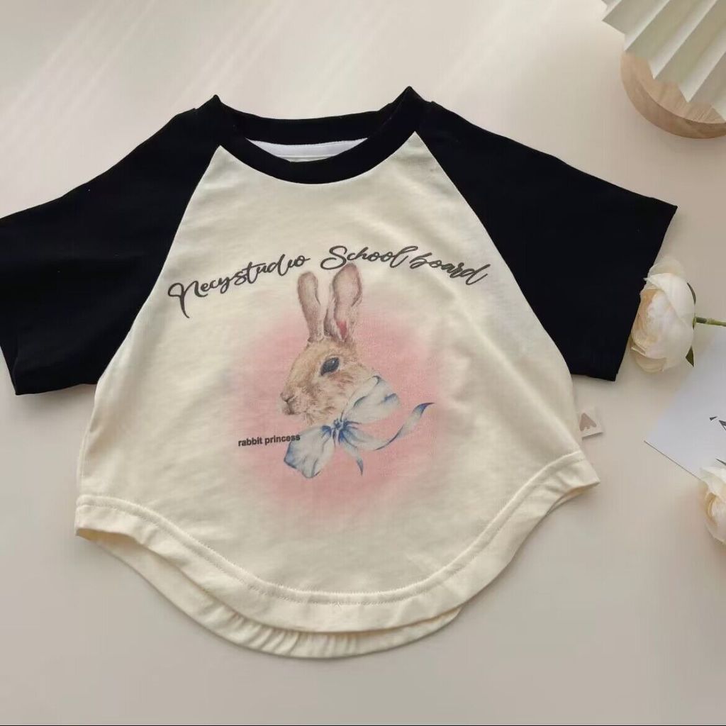 Bé Gái Raglan Áo Thun Tay Ngắn Mùa Hè Phiên Bản Hàn Quốc Hoạt Hình Thỏ Mặc Bên Ngoài Áo Sơ Mi Đế Thời Trang Phù Hợp Với 90-140 Kích Thước GVXI