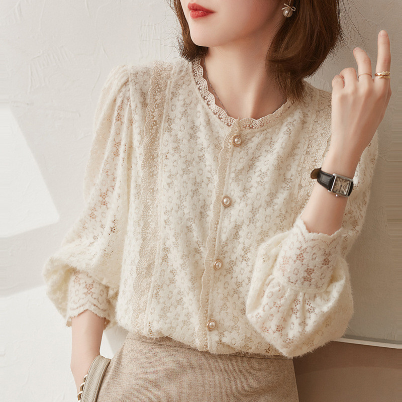 Áo sơ mi ren kiểu Pháp dành cho nữ, bộ sưu tập thu đông mới, áo lót bên trong bằng vải móc lỗ, áo kiểu châu Âu