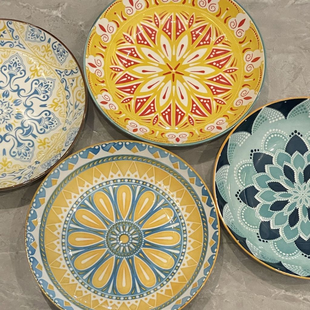 ❤️Bán chạy❤️Bốn Gói 8.15 Inch Bohemian Underglaze Đĩa Màu Súp Sâu Đĩa Cơm Gốm Bộ Đồ Ăn Hộ Gia Đình
