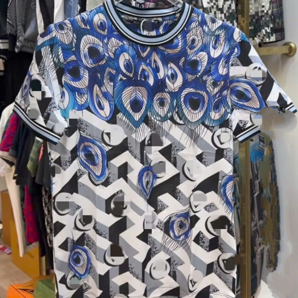 Áo Thun Lông Công Xanh Trắng Họa Tiết Hình Học KCloset Áo Phông Cotton Dày Dặn Unisex NA124