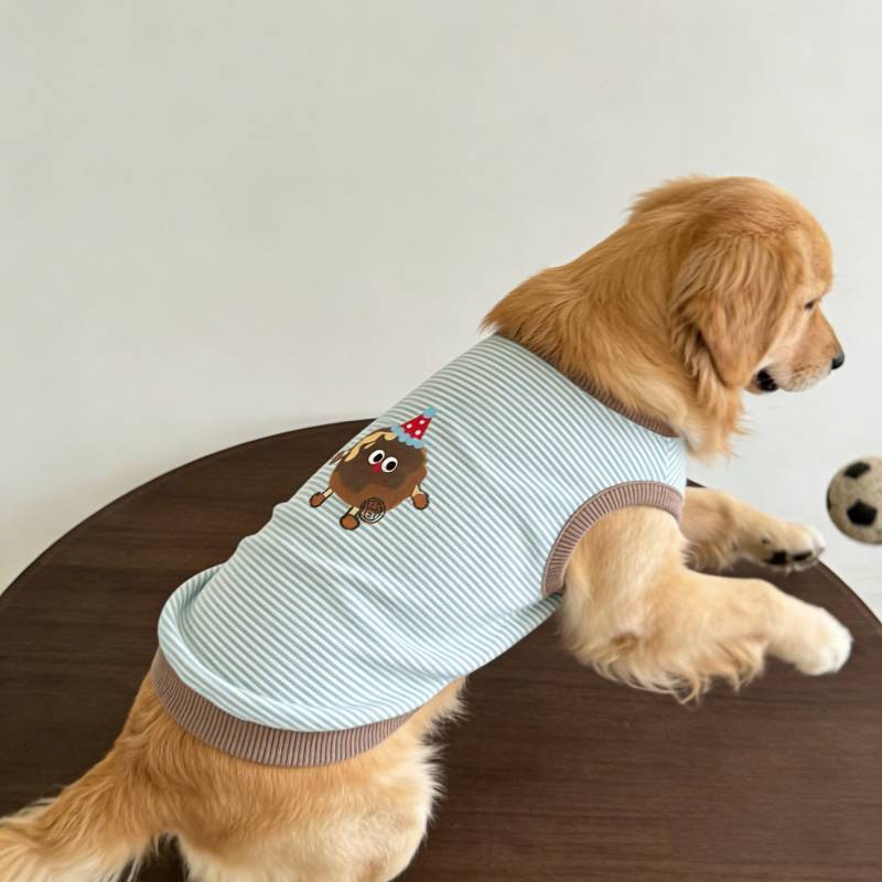 【Ready Stock】 Pet Dog Clothes Light Green Striped Cartoon Cookies Super Cute Soft Vest Golden Retriever bxR5