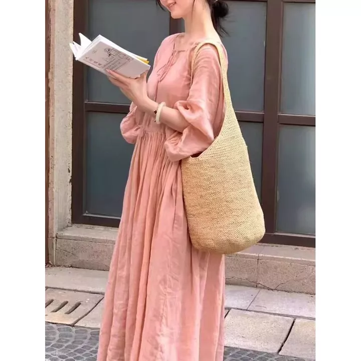 Váy dài tay bằng vải lanh màu hồng dành cho nữ, phong cách đầu thu, dáng rộng cỡ lớn che bụng tôn dáng váy dài