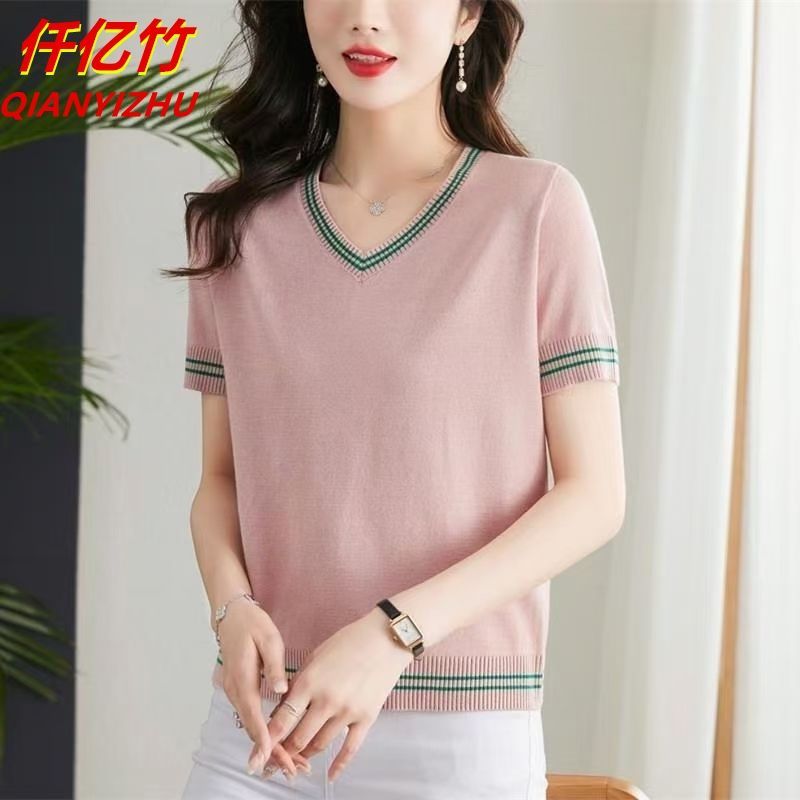 Áo thun ngắn tay dệt kim mỏng phong cách mới mùa hè, thiết kế cổ chữ V và dáng rộng giúp tôn dáng, phù hợp với phụ nữ trẻ