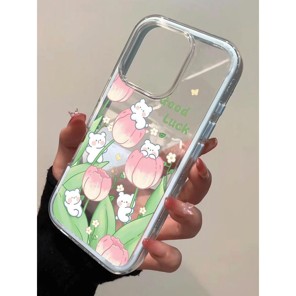 Hoa tulip thỏ hồng cho 16 trường hợp iPhone 17Air 3 trong 1 bezel 14 13 11Pro